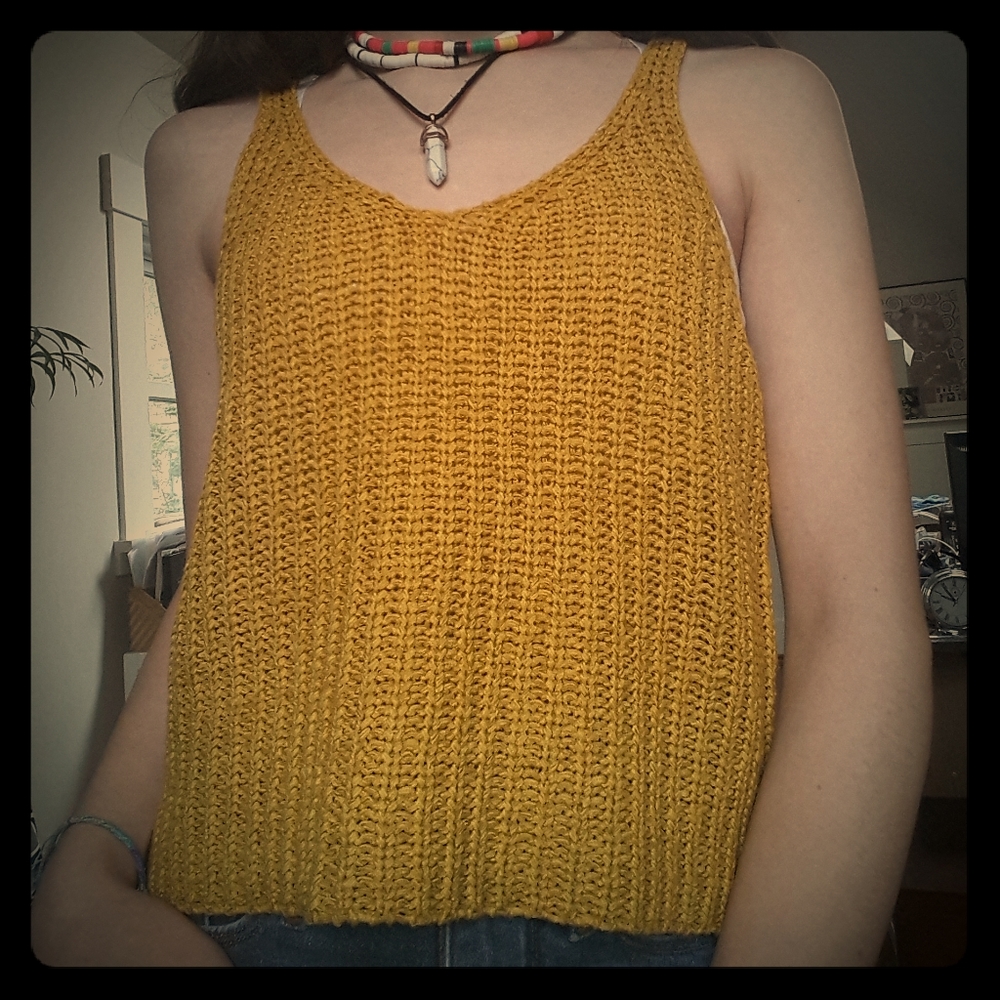 Moon and Madison yellow knit tank top.